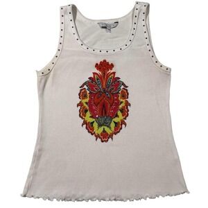 Y2K Cabi Rhinestone Embellished Ribbed Tank Top White Graphic Boho Women's S